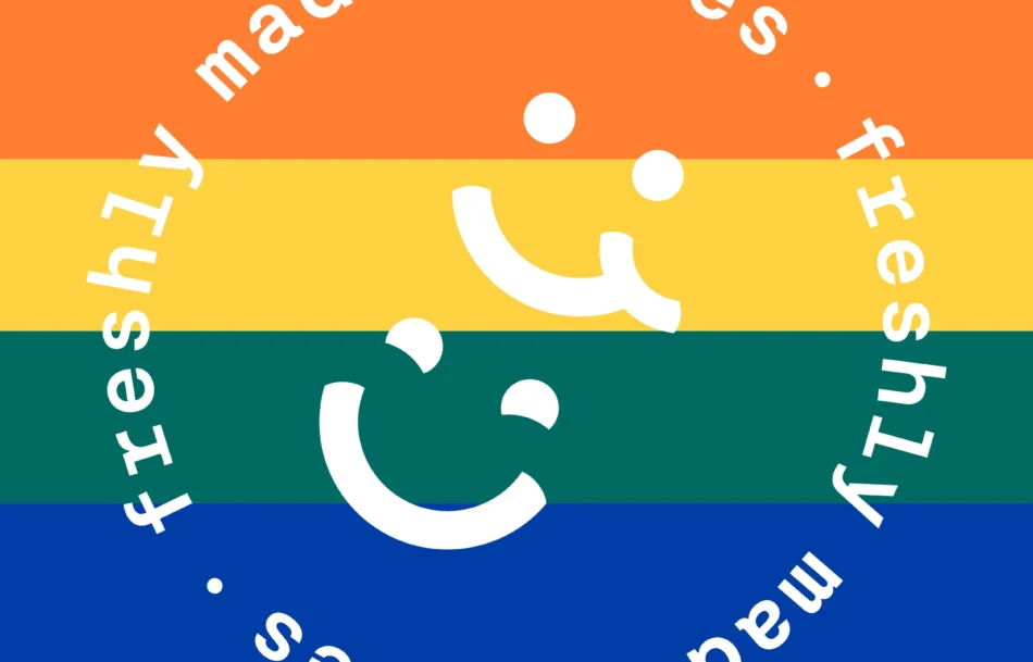 EatHappy Logo mit zwei stilisierten Smileys auf einem Regenbogenhintergrund in den Pride-Farben