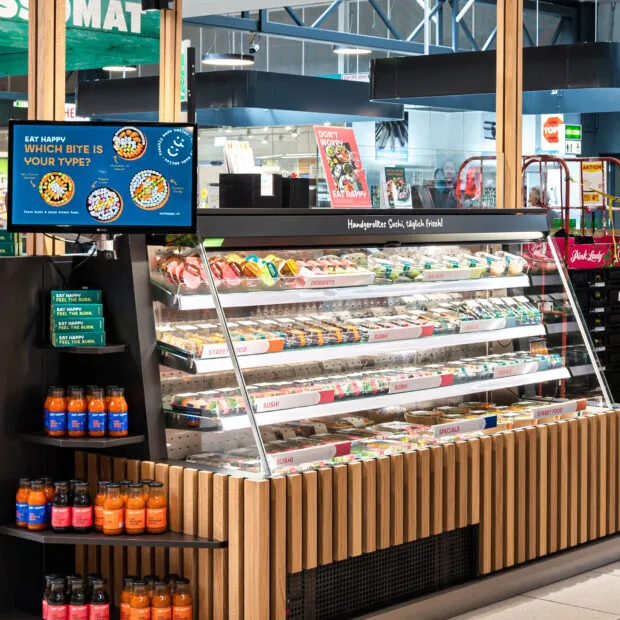 EatHappy Sushi Theke im Supermarkt mit frischen Sushi-Boxen und Soßen im Regal