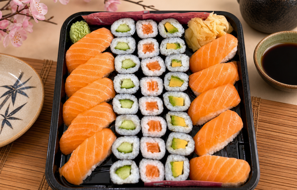 Firefly_gpt-image_A plain background so the sushi platter stands out in the foreground; chopsticks shou 96073
